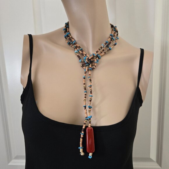 Handmade Wood & Turquoise Beaded Belt 70" - Picture 4 of 8